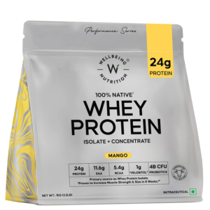 Wellbeing Nutrition Whey Protein Isolate + Concentrate - 1 Kg (2.2 Lb), Mango