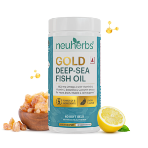 Neuherbs Gold Deep Sea Omega 3 Fish For Men & Women With Vitamin D3 & E - Lemon, 60 Softgels